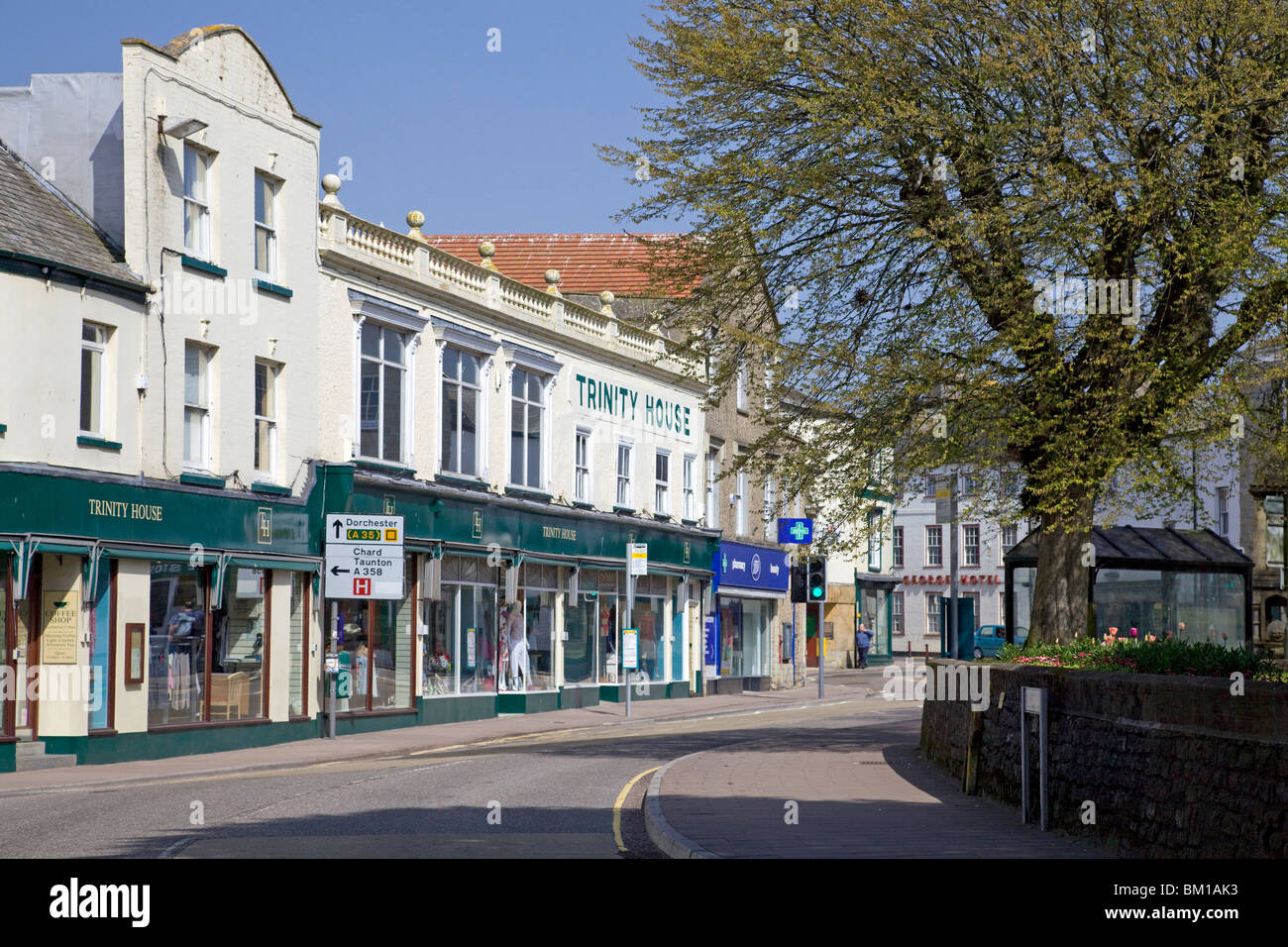 Town centre with Trinity House department store, Axminster, Devon Stock
