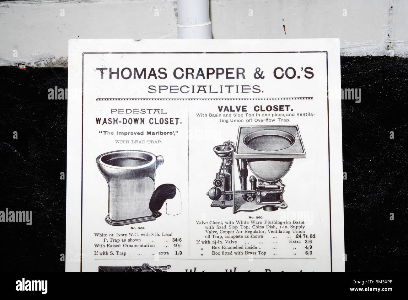 Copy of Thomas Crapper advert in victorian toilet exhibition in Stock