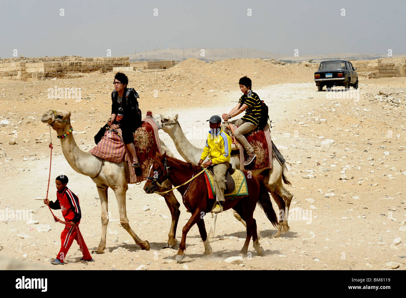 Tourists Riding Camels Pyramids Of Giza Giza Necropolis Bordering