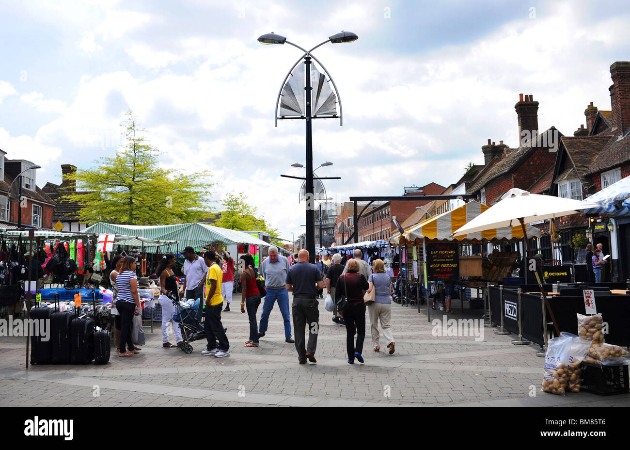 Open market stalls in the High Street in Crawley town centre West Stock