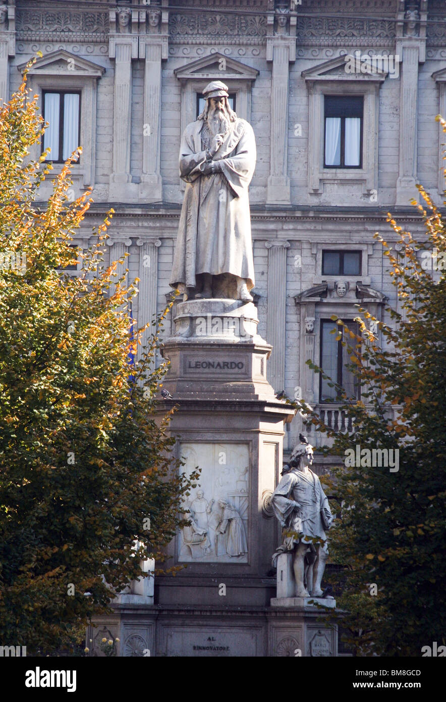 Italy Milan Statue Of Leonardo Da Vinci In Piazza Della Scala Stock