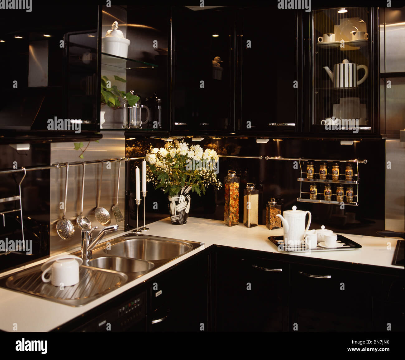 White Kitchen Units Black Worktop stainless steel double sink in fitted unit with white worktop in White Kitchen Units Black Worktop stainless steel double sink in fitted unit with white worktop in