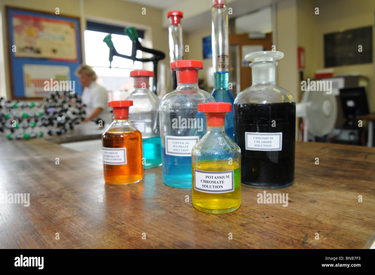 School science laboratory with bottles of chemicals ready for an Stock