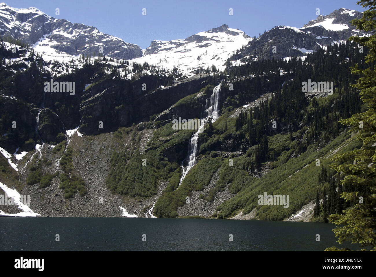 Rainy Lake in the North Cascades National Park with blue skies Stock