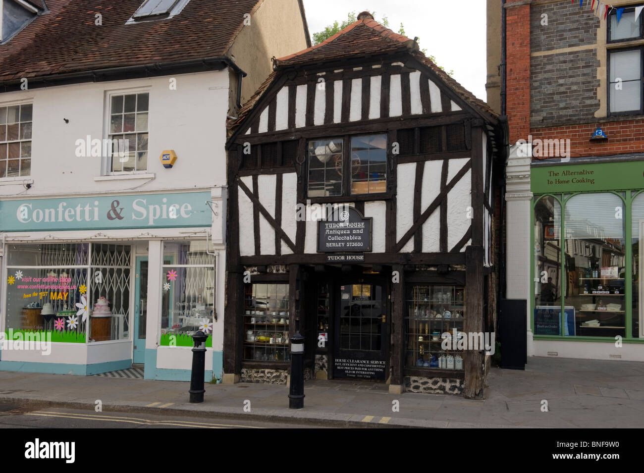 Mock Tudor timber framed antique shop in a street in Henley on Thames