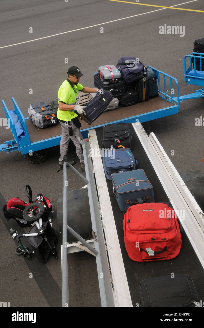 Airport baggage handler loading bags from a trolley onto an aircraft