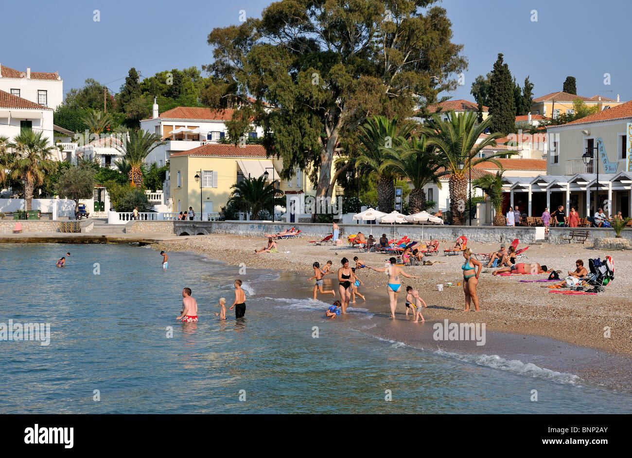 Agios Mamas beach, Spetses town, Spetses island, Greece Stock Photo