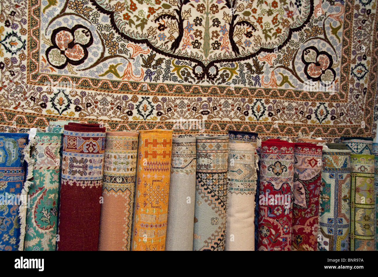 Morocco, Tetouan. Historic Medina bazaar. Traditional Moroccan carpet