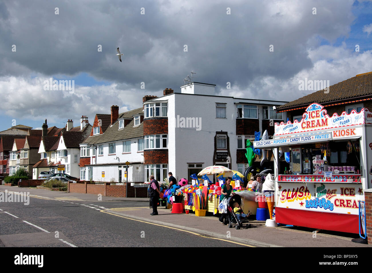 Beachfront food stalls, Princes Esplanade, WaltonontheNaze, Essex Stock Photo, Royalty Free