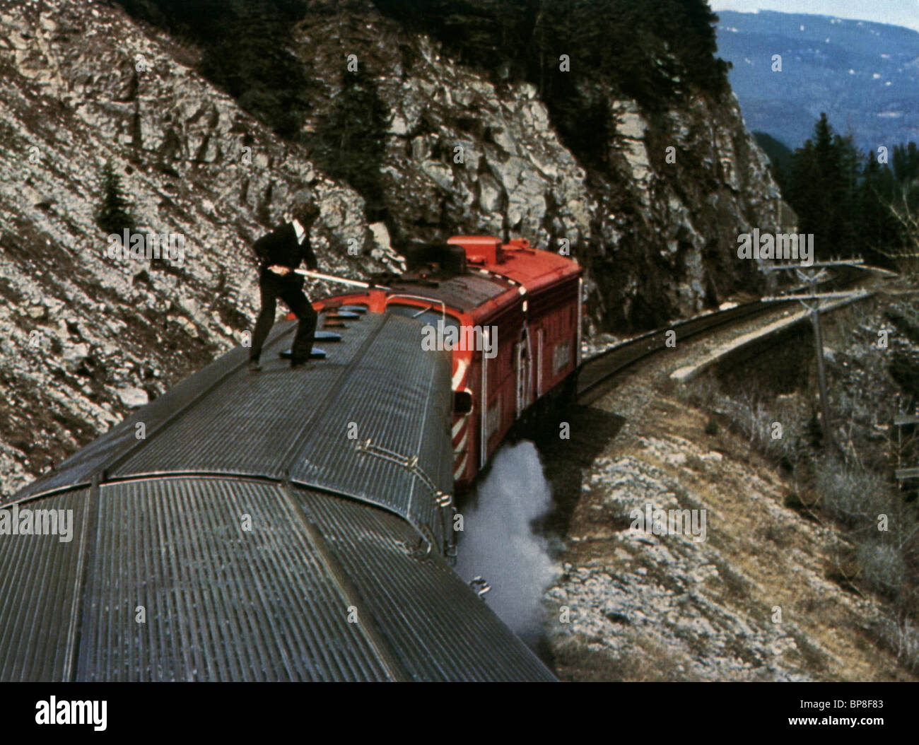 GENE WILDER ON TRAIN ROOF SILVER STREAK (1976 Stock Photo, Royalty Free