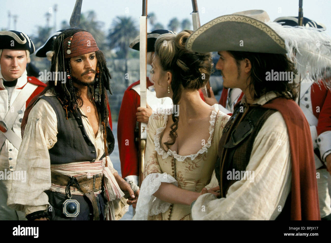 JOHNNY DEPP KEIRA KNIGHTLEY & ORLANDO BLOOM PIRATES OF THE CARIBBEAN Stock Photo, Royalty Free