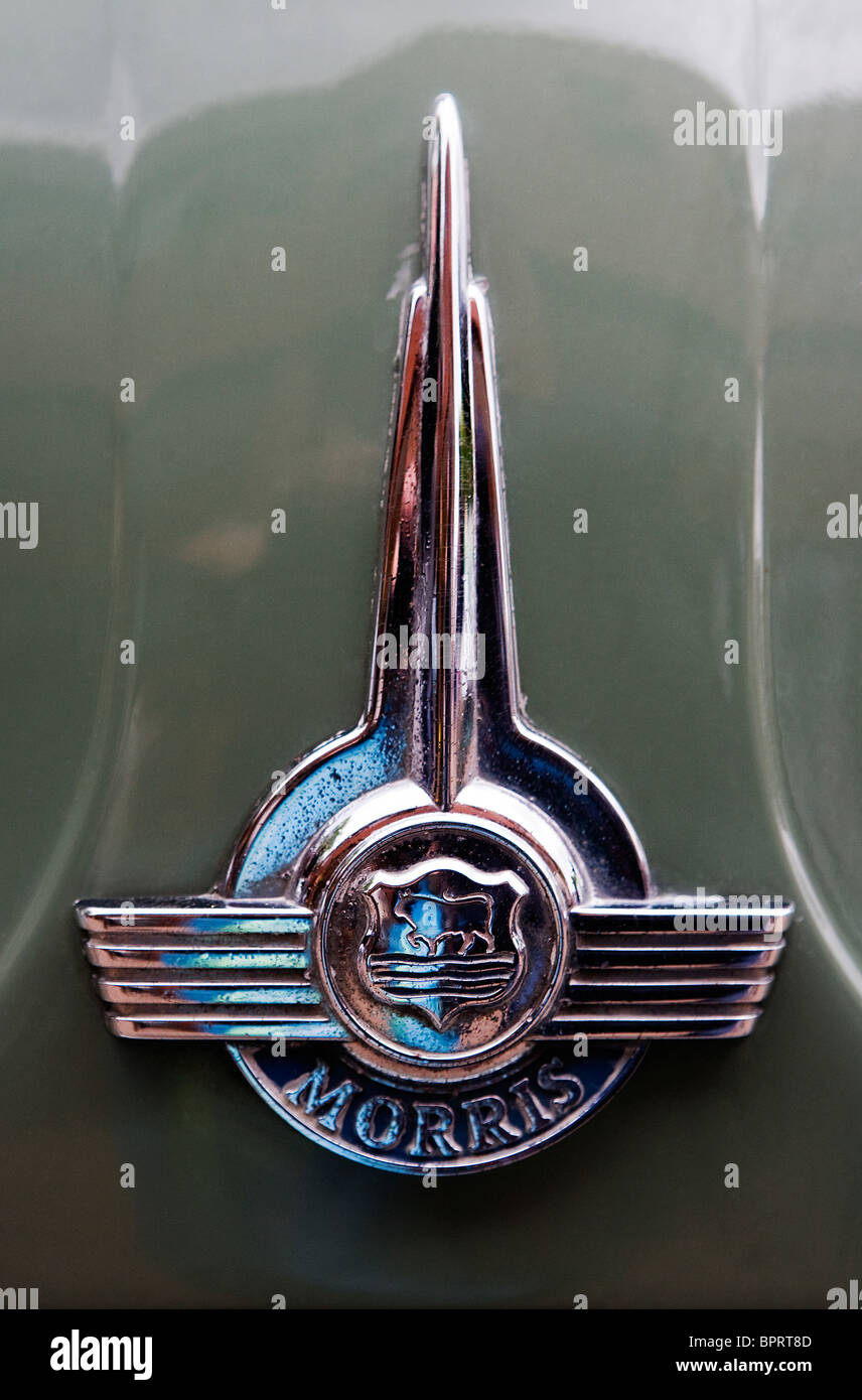 Morris badge with bull logo on the of a Morris Minor saloon