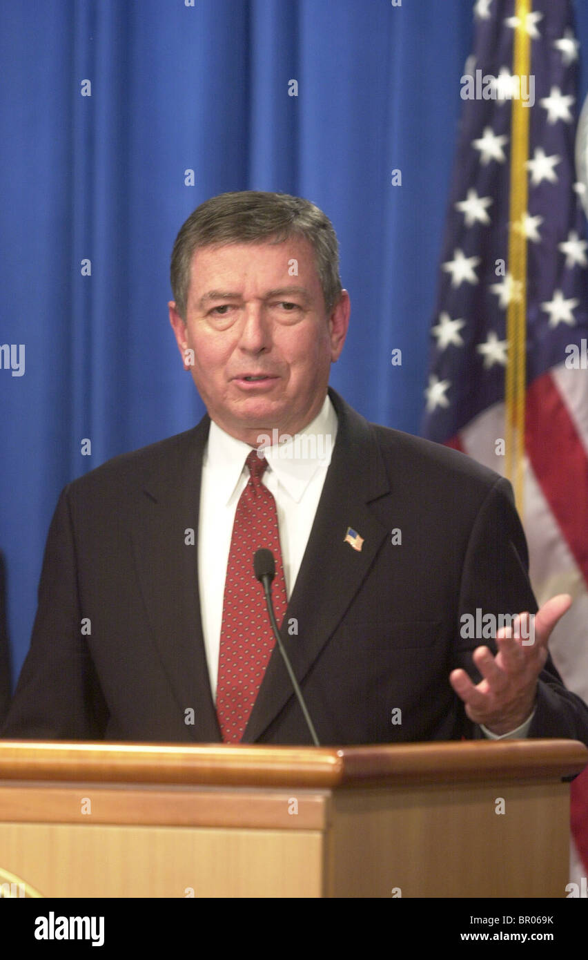 Attorney General John Ashcroft speaks at a news conference at the Stock