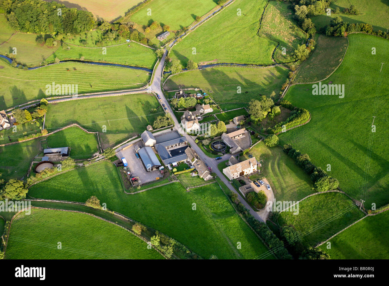 An aerial view of Lower Farm in the Cotswold village of Coln Rogers