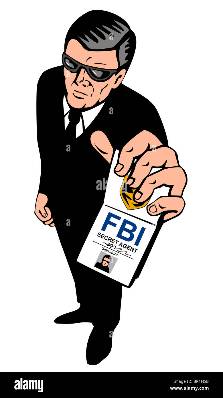 illustration of a fbi secret agent in black suit and glasses holding