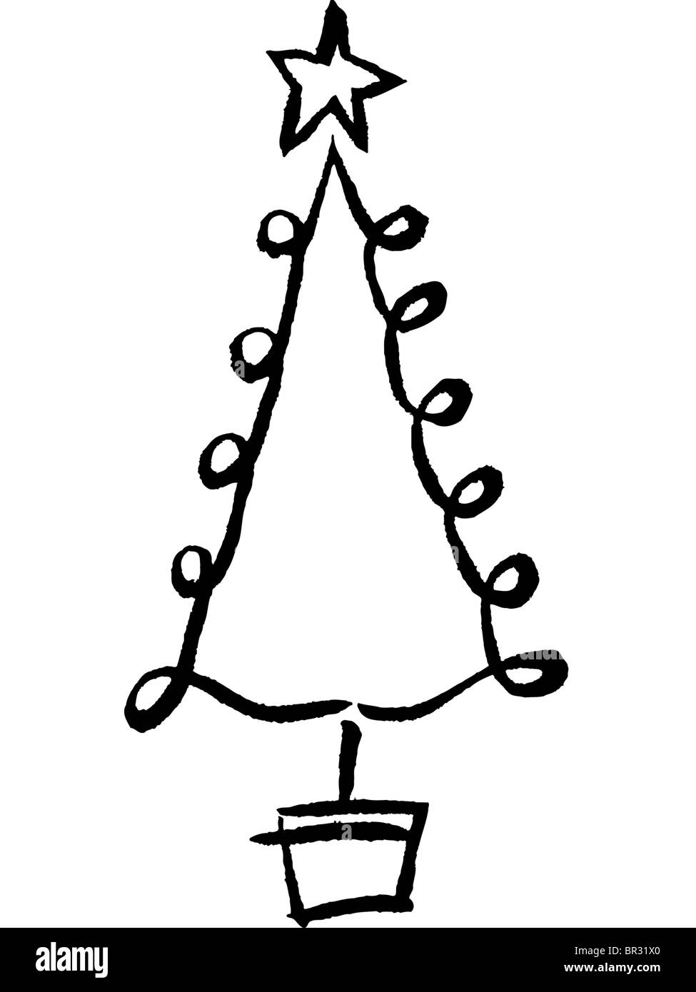 A black and white drawing of a whimsical christmas tree Stock Photo