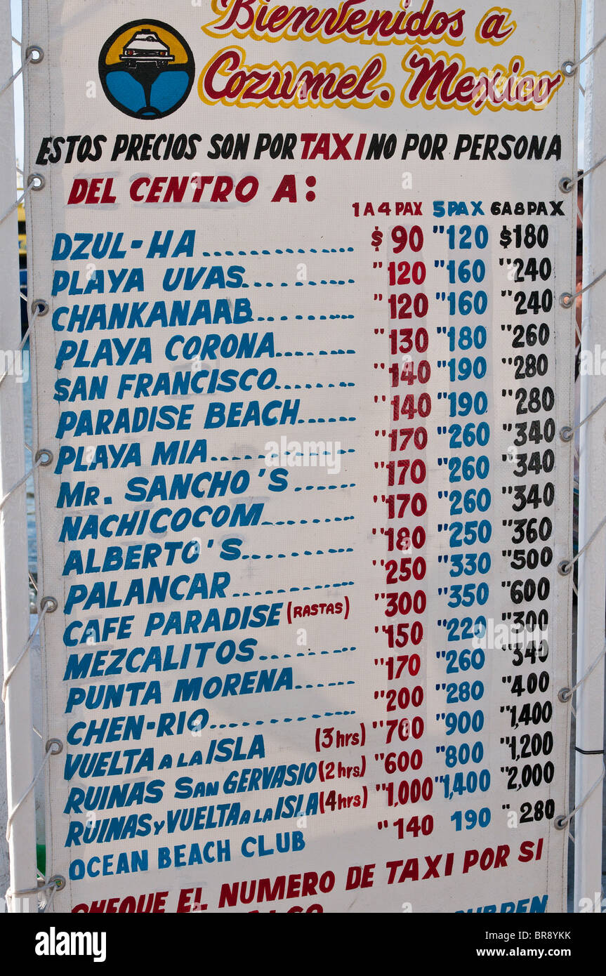 Mexico, Cozumel. Taxi fares sign San Miguel, Isla de Cozumel (Cozumel