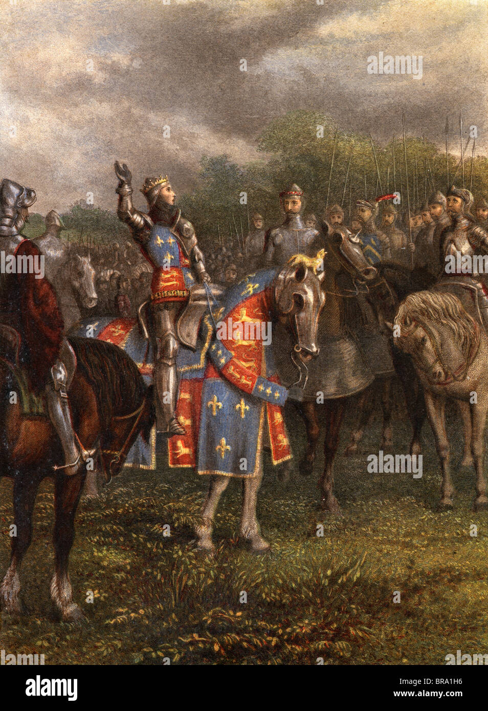 1400s HENRY V OF ENGLAND SPEAKING TO HIS ARMY FROM ARMORED HORSE Stock 1400s-henry-v-of-england-speaking-to-his-army-from-armored-horse-stock