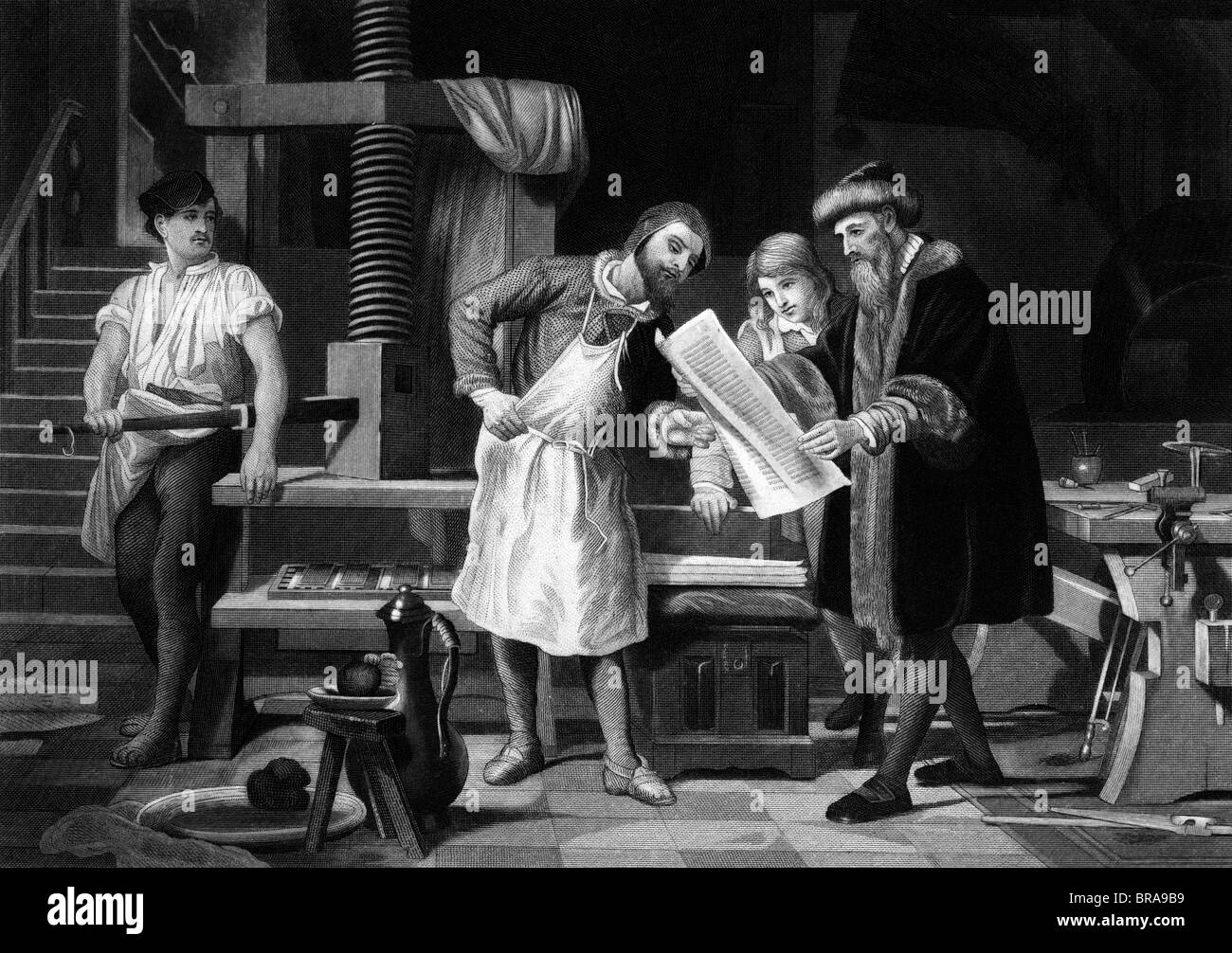 1400s GERMAN PRINTER JOHANN GUTENBERG STANDING BY PRINTING PRESS WITH