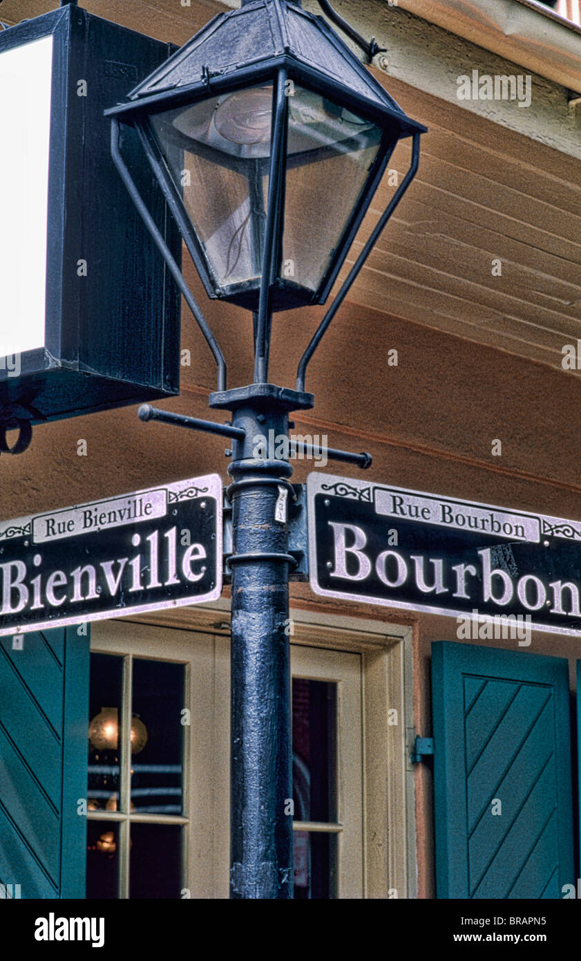 Famous street sign of Bourbon Street in the French Quarter in Stock