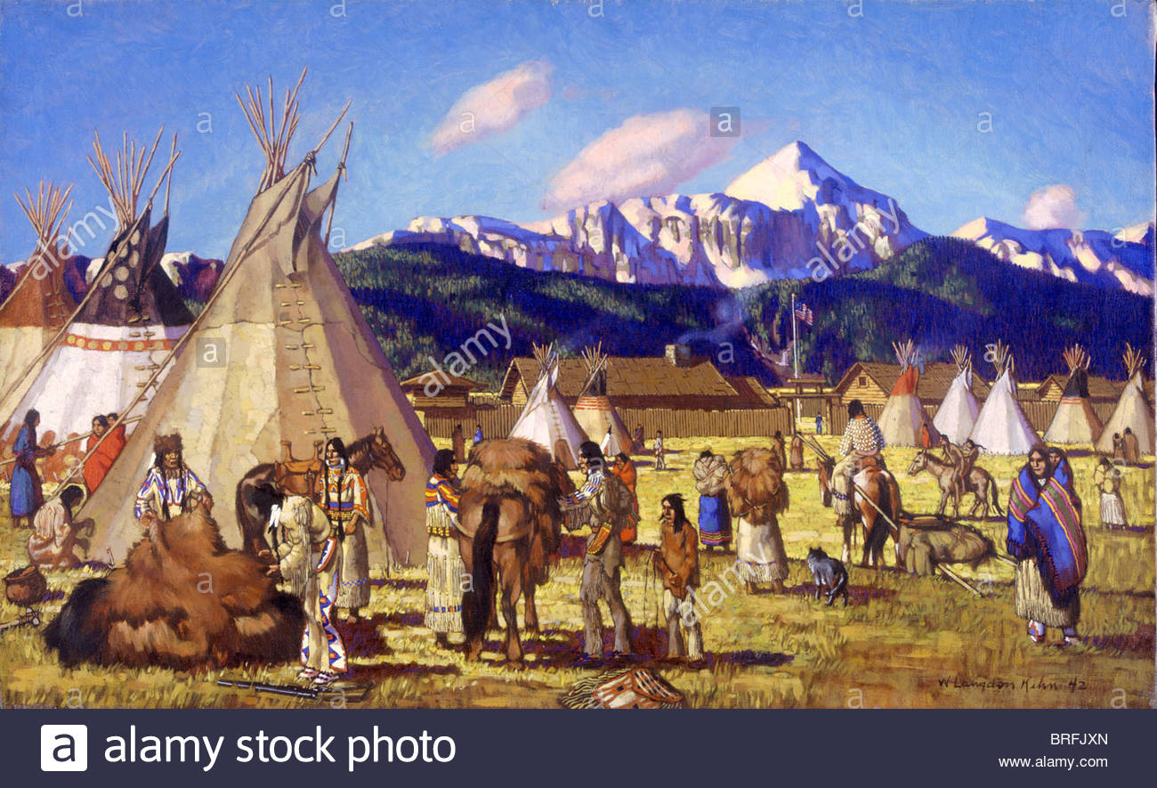 Blackfoot Indians bring furs to a trading post Stock Photo 31691597 Alamy