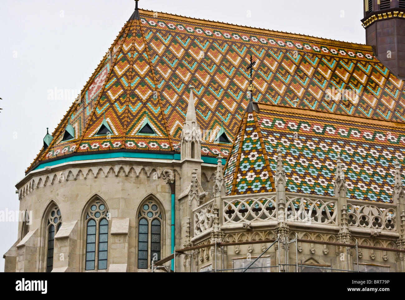 Multicolored patterned tiled roof of St Matthias Church Budapest Stock