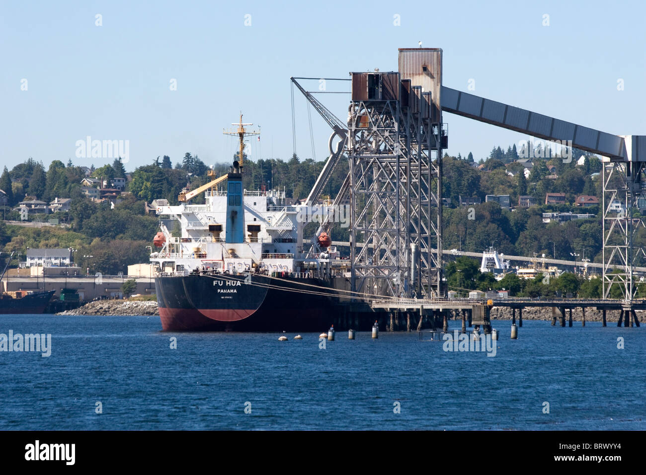Bulk Carrier Ship loading at Grain Terminal at Seattle Washington Stock