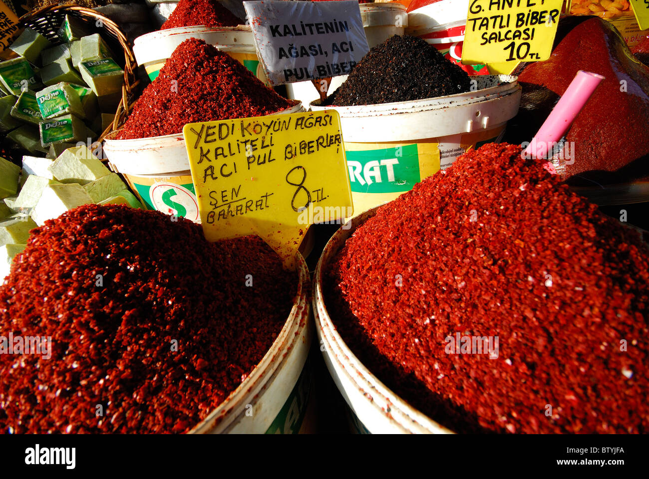 ISTANBUL, TURKEY. Chilli flakes (pul biber) at the Egyptian Bazaar