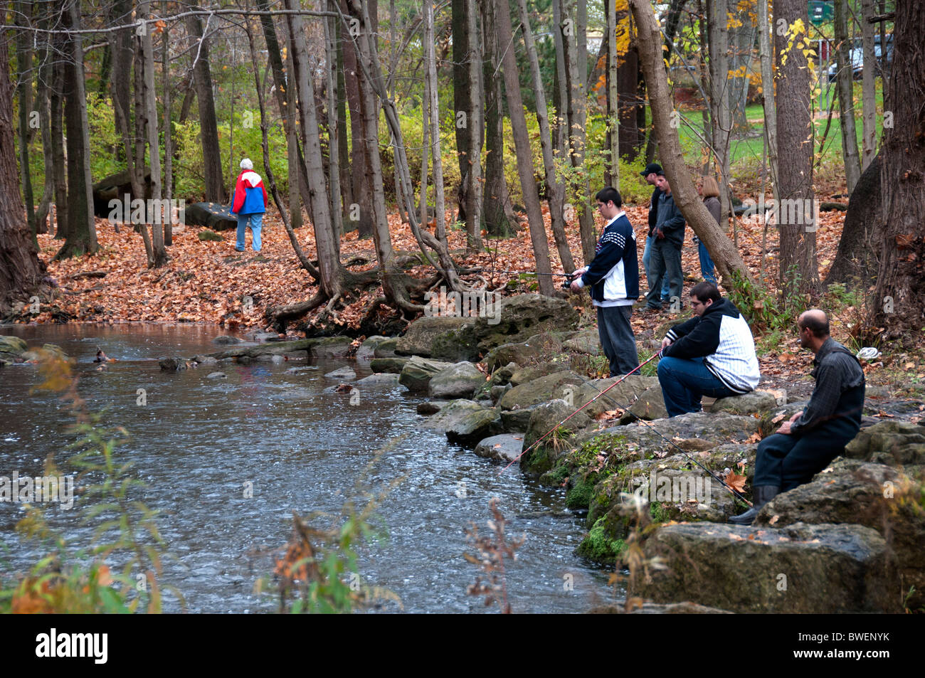 Fishing For Trout In Irondequoit Creek Penfield Ny Usa Stock Photo