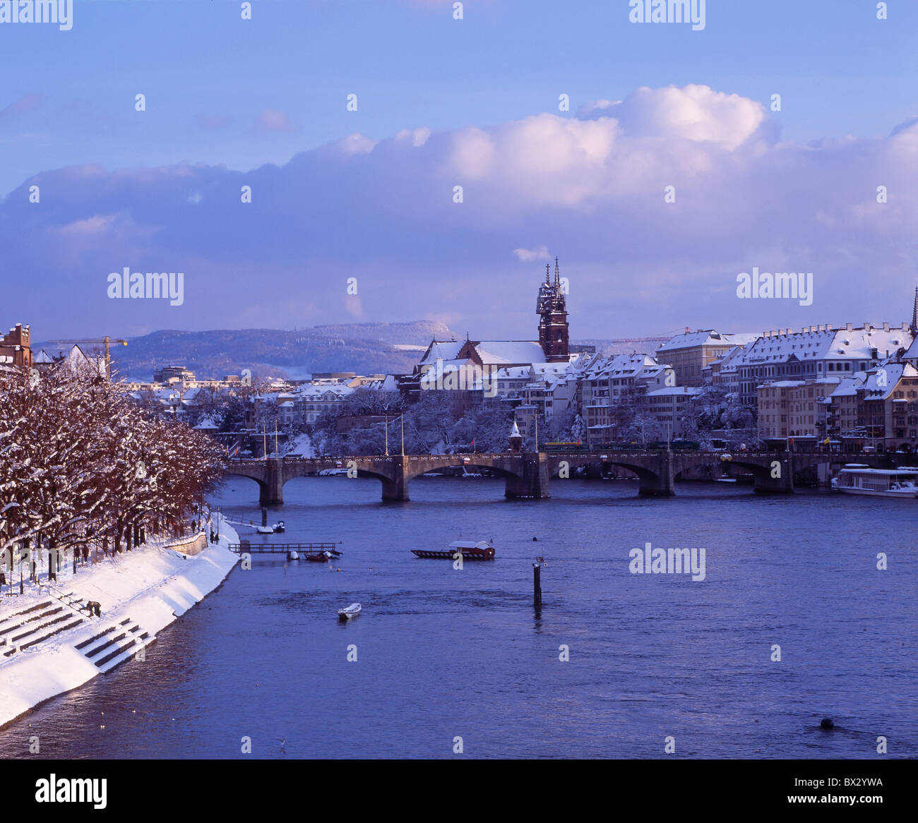 Basel Basle town city winter promenade Rhine shore river Rhine snow