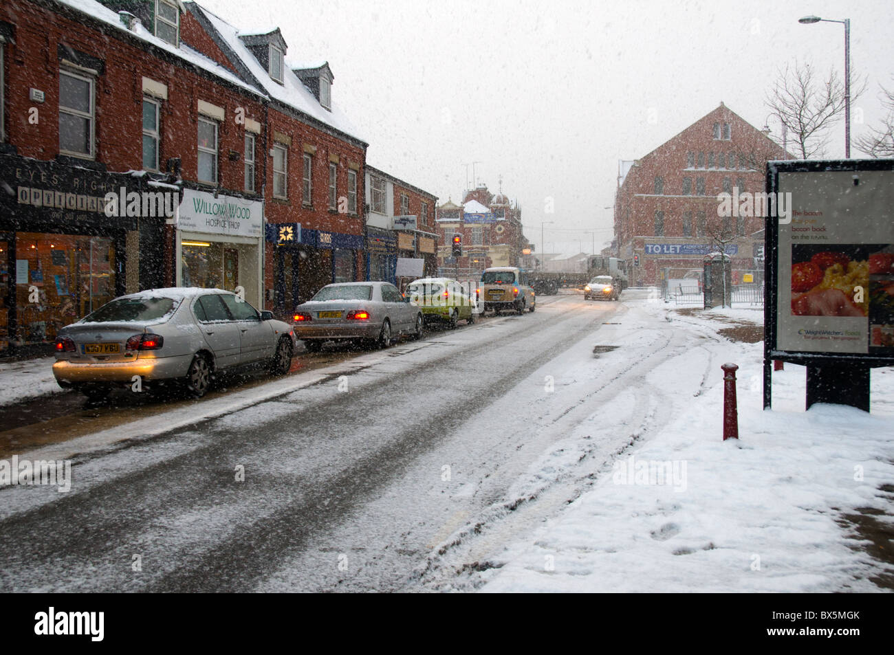 Market Street at Droylsden town centre in heavy snow, Tameside Stock