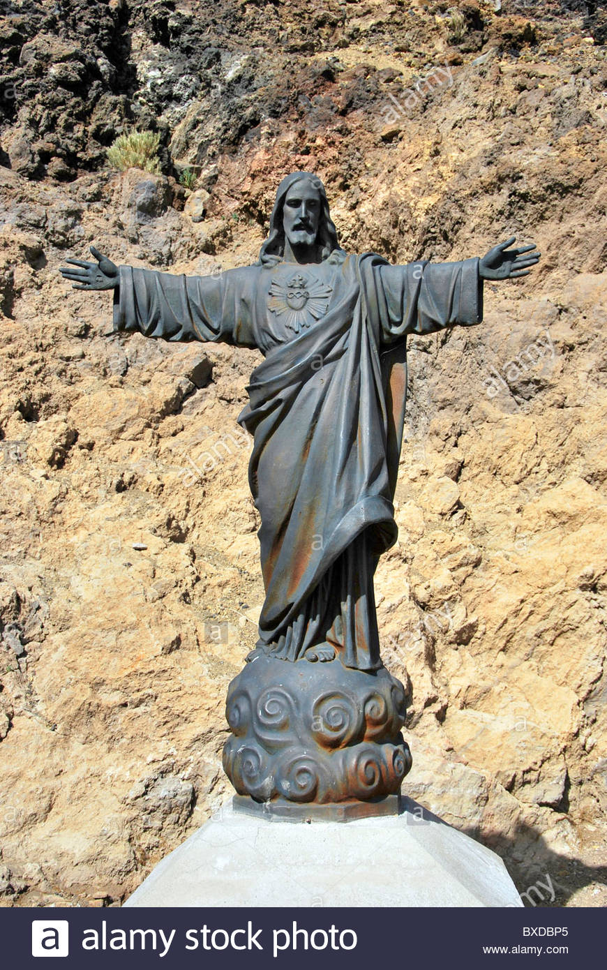 Statue of Jesus Christ in Mount Teide. Tenerife. Spain. Christian Stock Photo, Royalty Free