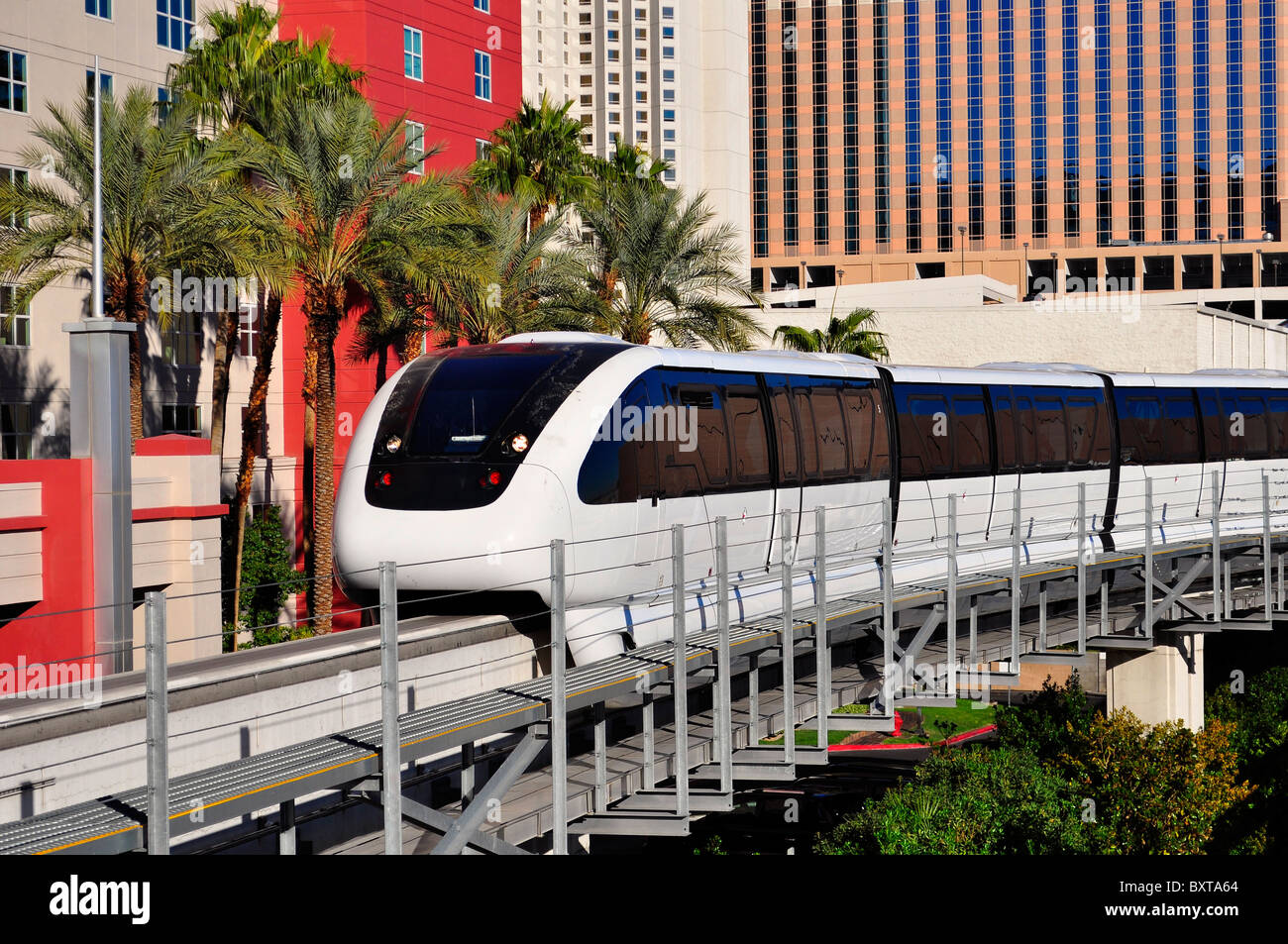 Monorail train in Las Vegas stopping at casino hotels Stock Photo