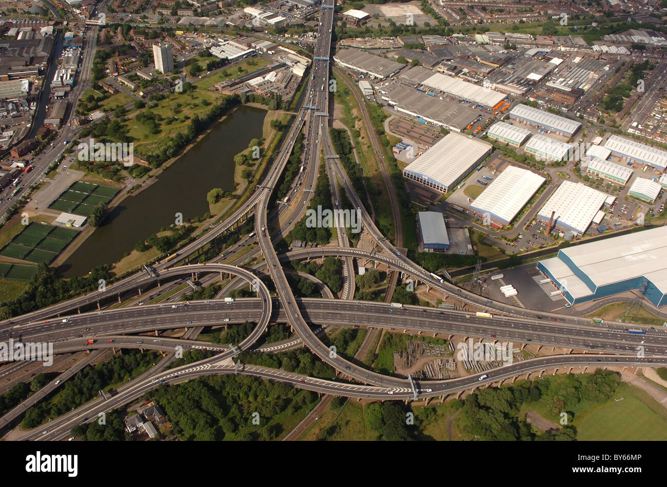 Aerial view of Spaghetti Junction of M6 Motorway in Birmingham Uk Stock