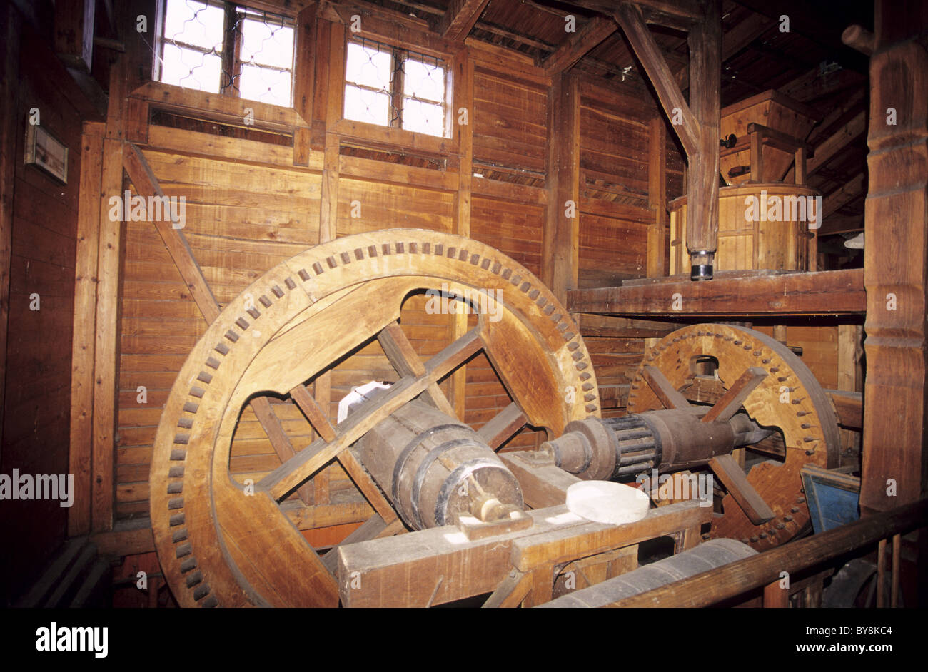 Interior of old wooden flour mill floating on the river Maly Dunaj in