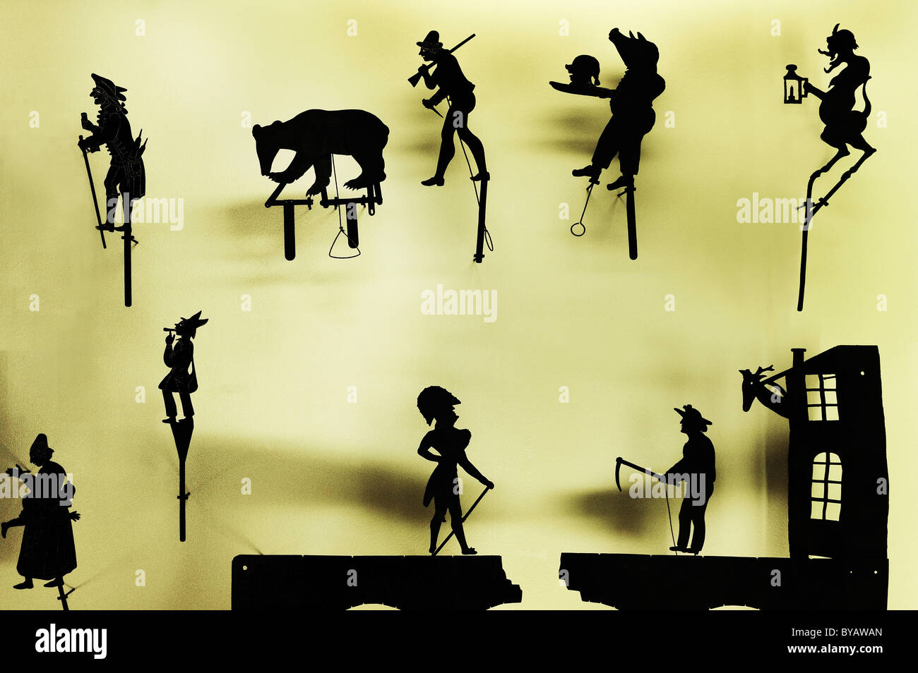 Shadow theatre figures in the puppet theatre collection, Stadtmuseum Stock Photo, Royalty Free