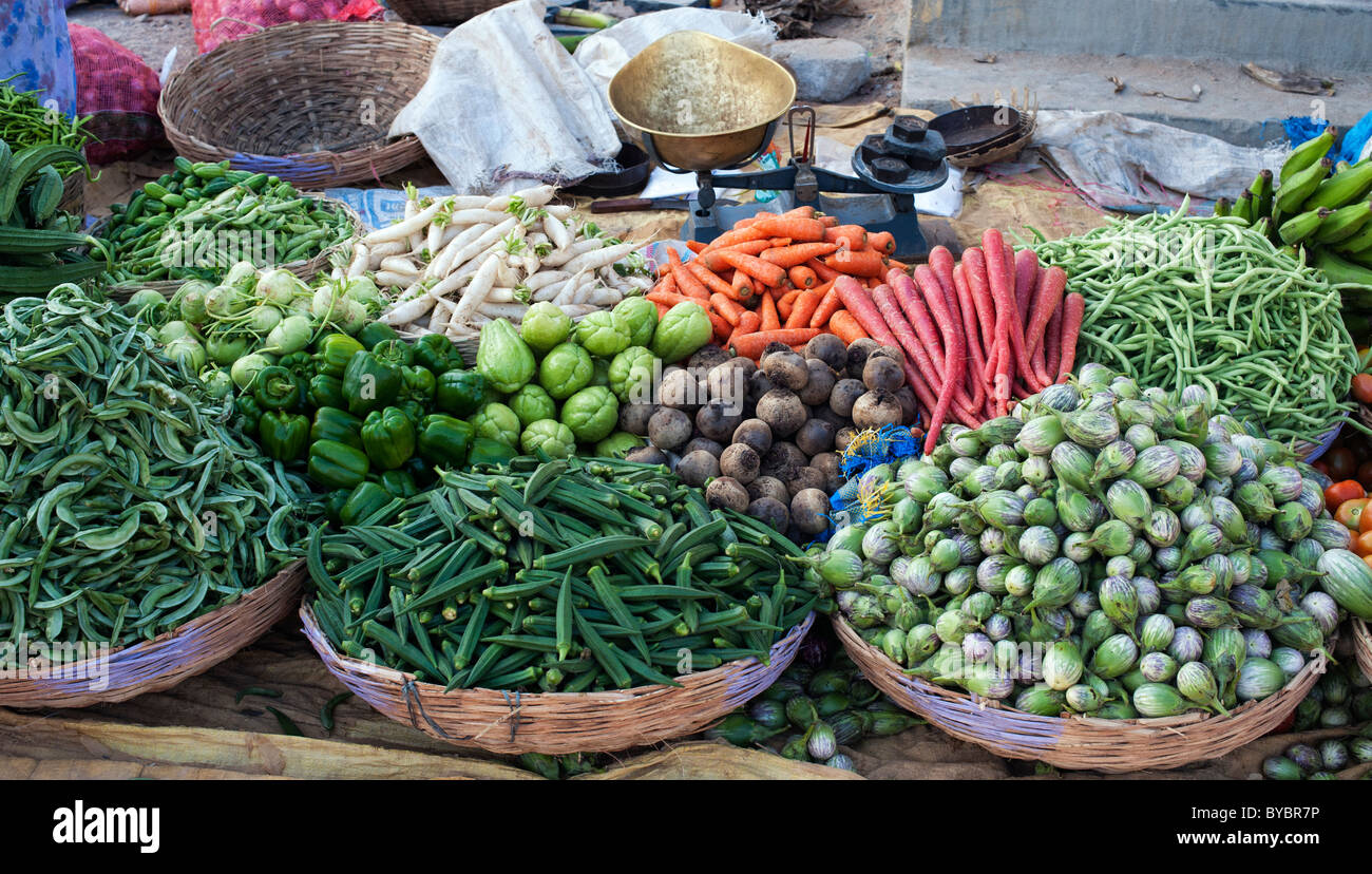 Indian vegetables in baskets at a rural village market, Andhra Stock