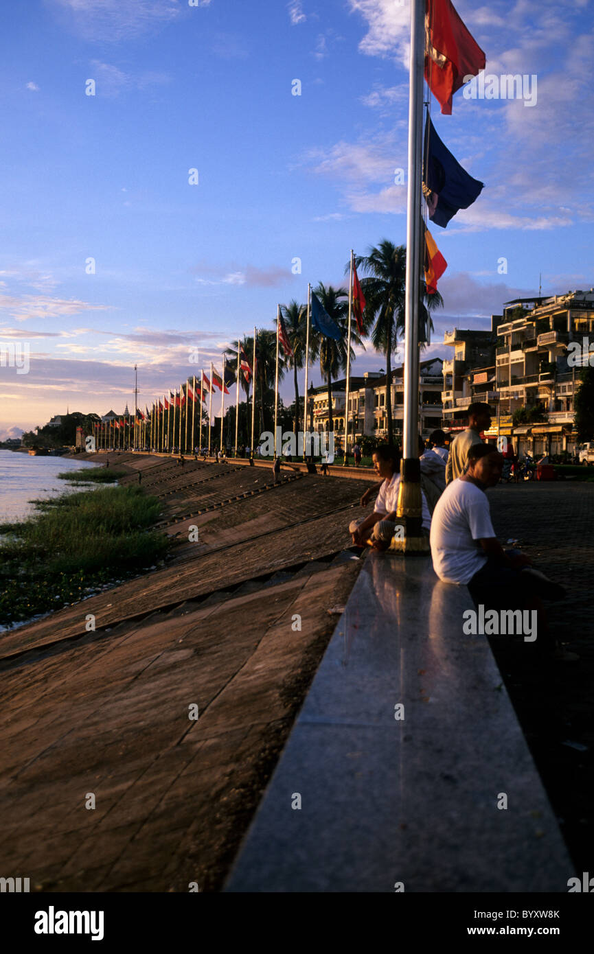 Sunset Over The Waterfront Of The Tonle Sap River And Downtown Phnom