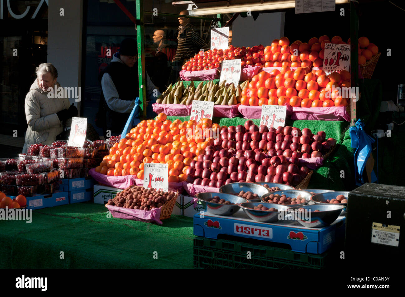 A fruit stall in the High Street of Bromley, Kent Stock Photo, Royalty