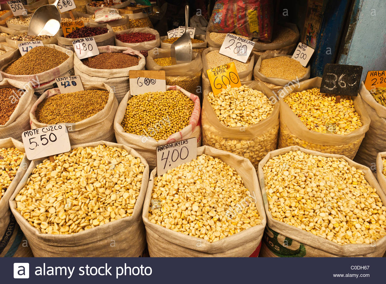 Large bags of goods such as corn, beans, soybeans and lentils for Stock Photo, Royalty Free