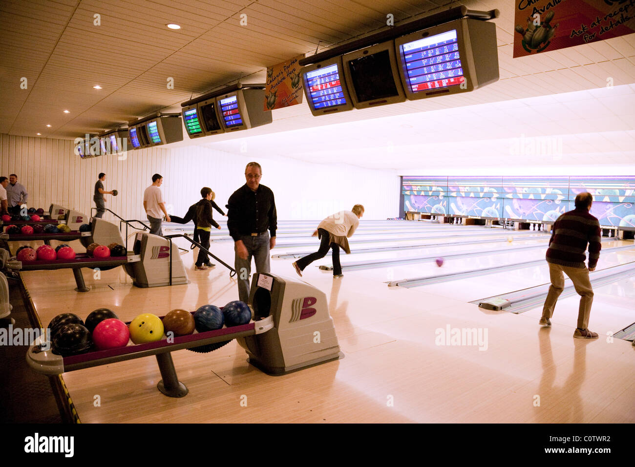 A scene in "Strikes" ten pin bowling alley, Ely, UK Stock Photo