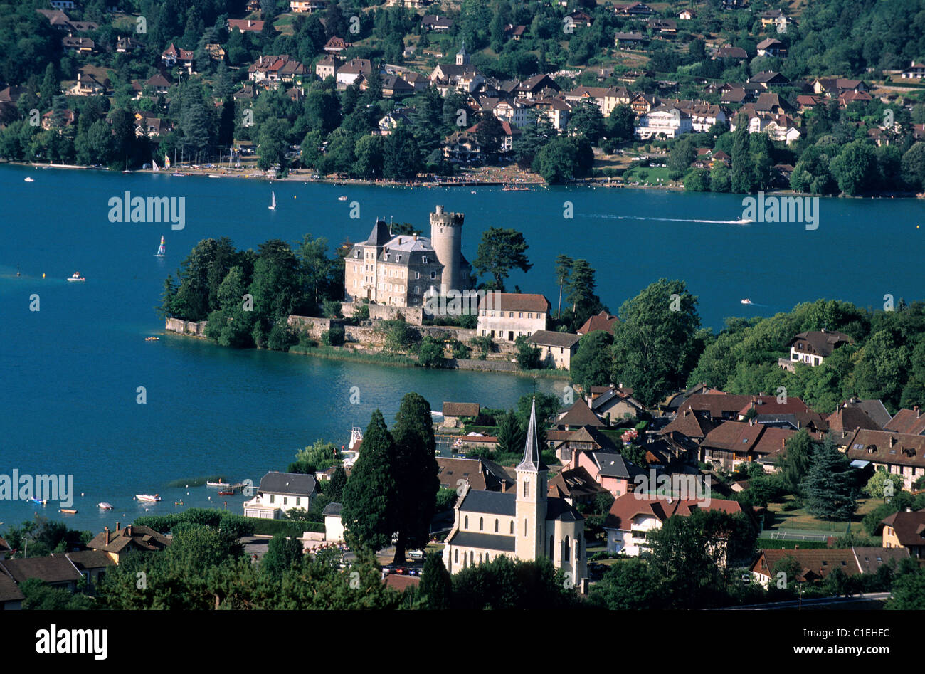 France, Haute Savoie, castle and village of Duingt on the Annecy lake