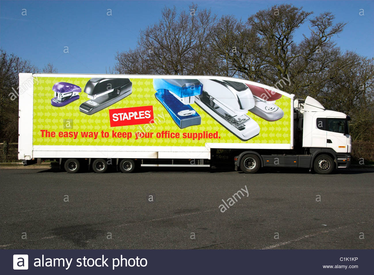A Staples office supplies superstore delivery lorry, here utilising a