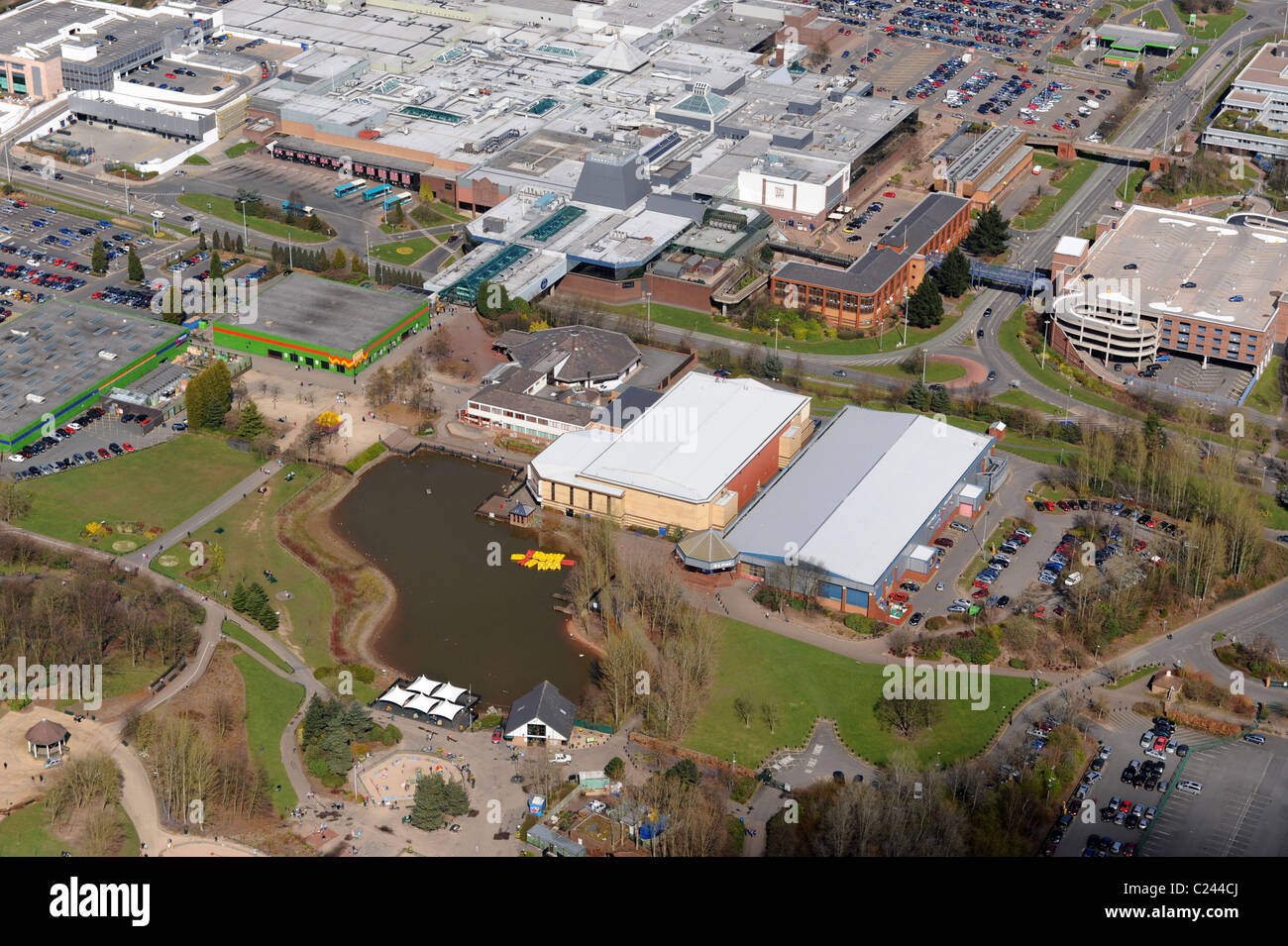 Aerial view Telford Town Park and Town Centre in Shropshire Stock Photo
