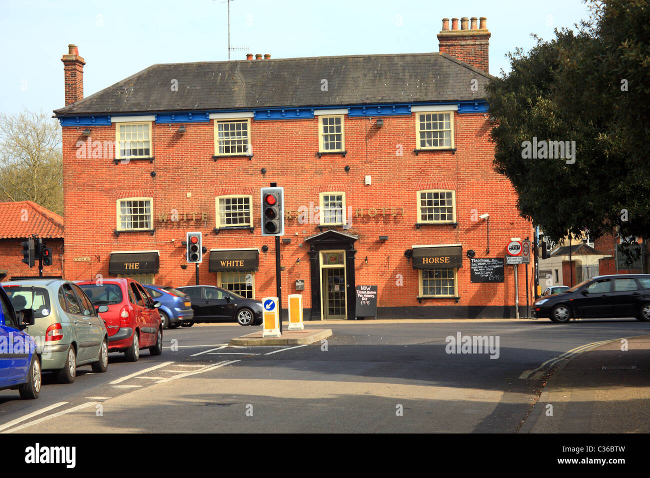 View of White Horse pub from Waterloo Avenue, Leiston, Suffolk Stock