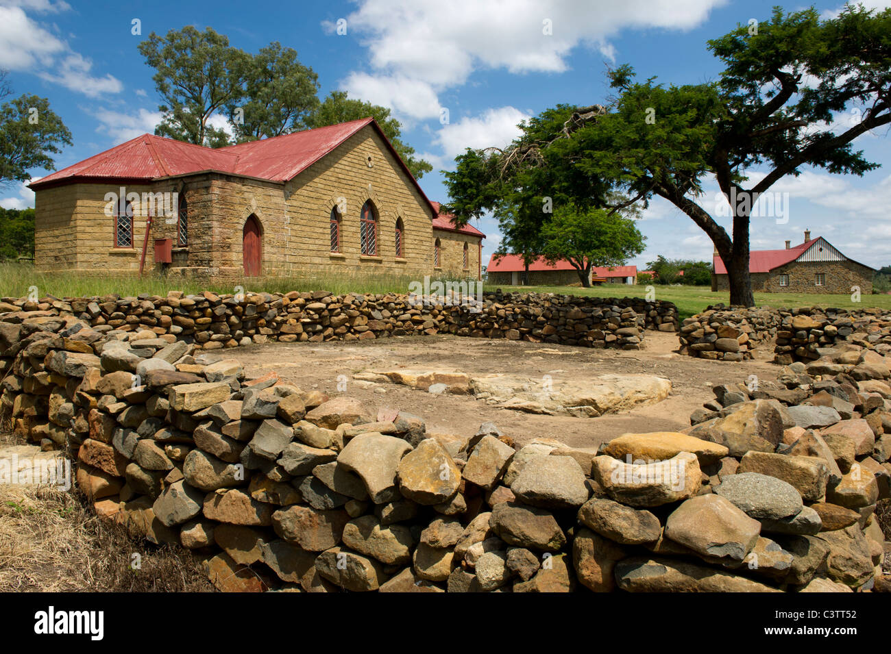 Church and stone cattle kraal, Rorke's Drift Battlefield, near Stock