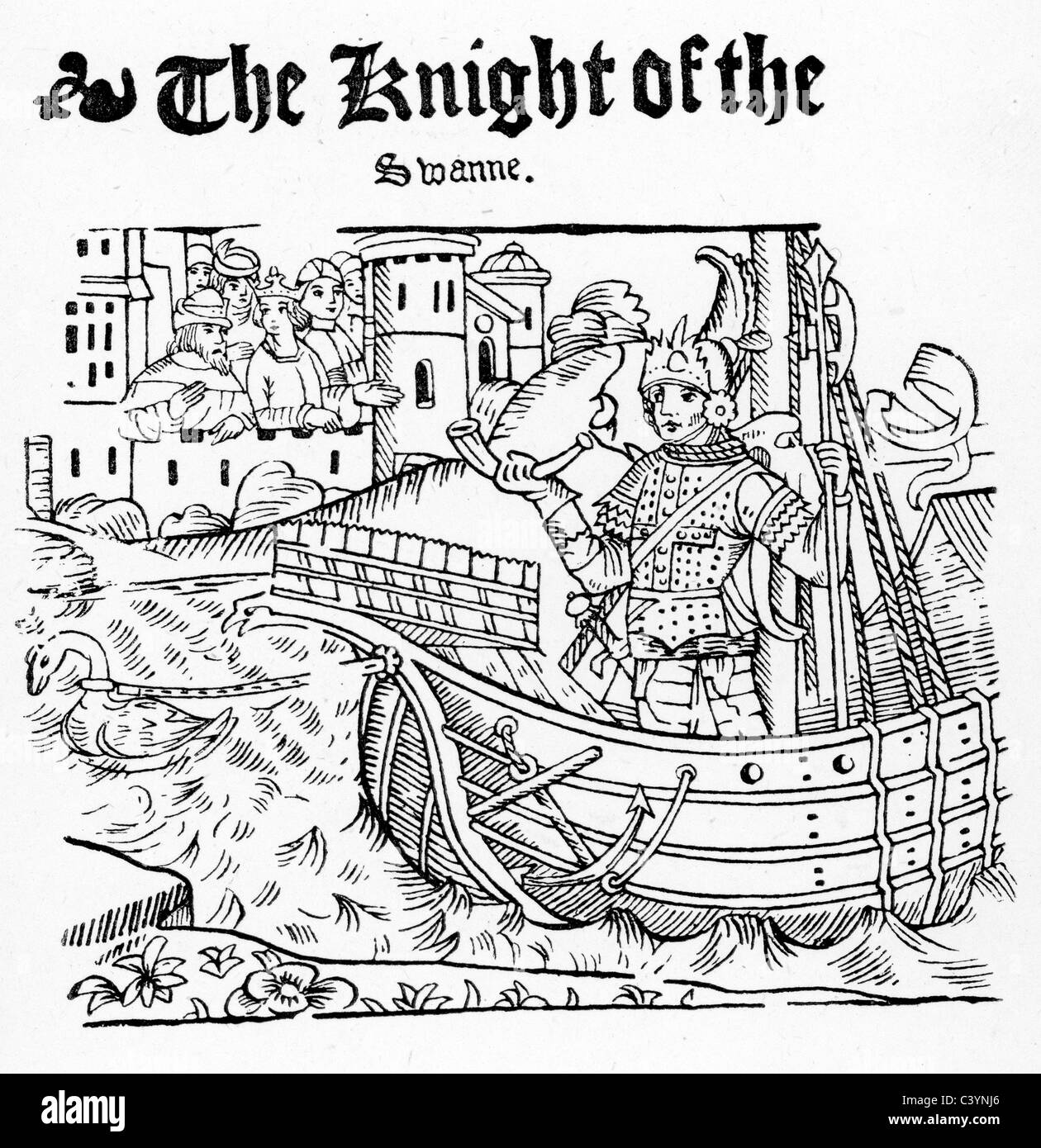 Medieval woodcut from the story of the Knight of the Swan Stock Photo