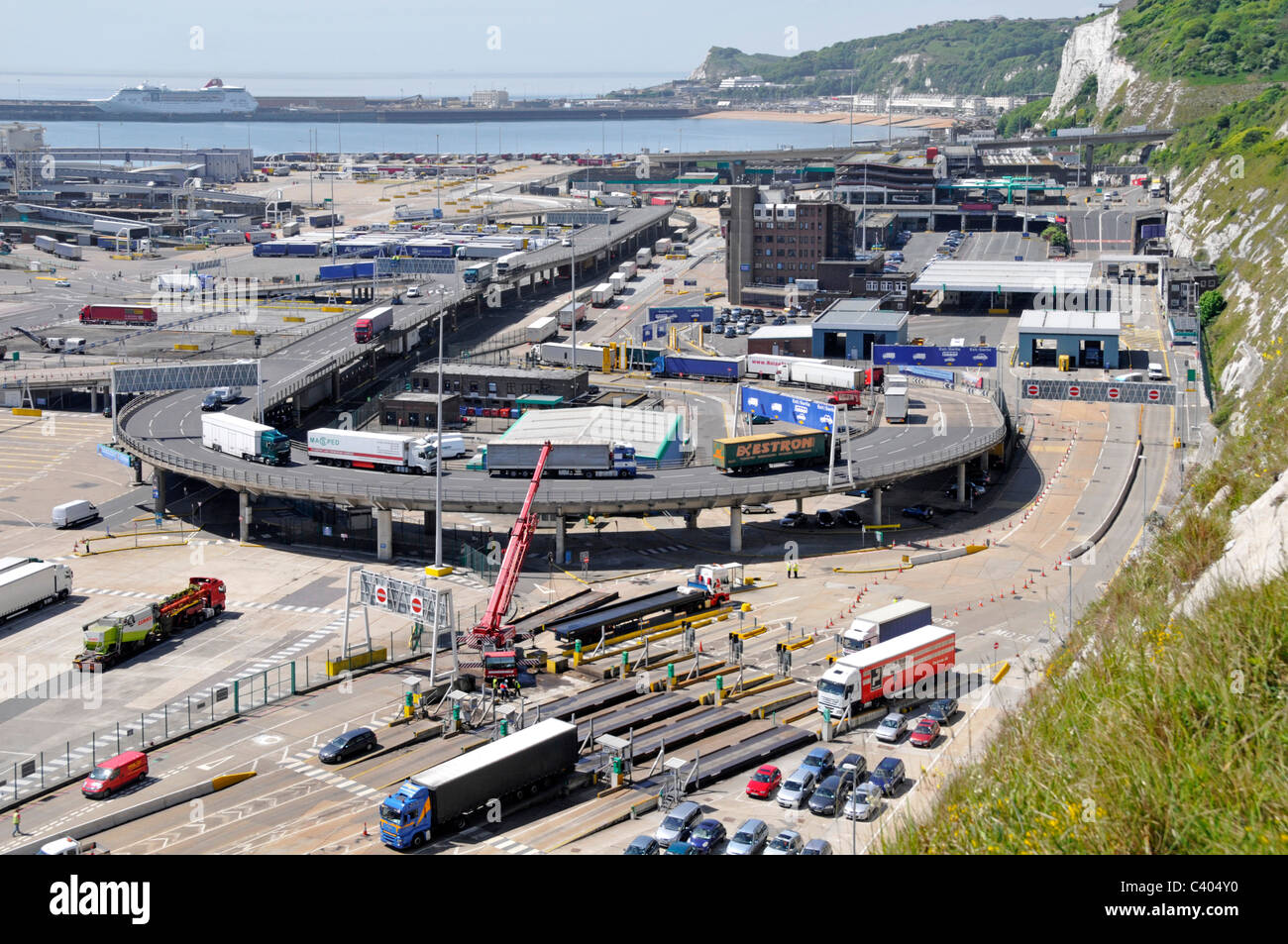 Dover Ferry Terminal traffic management system showing entry and exit Stock Photo, Royalty Free