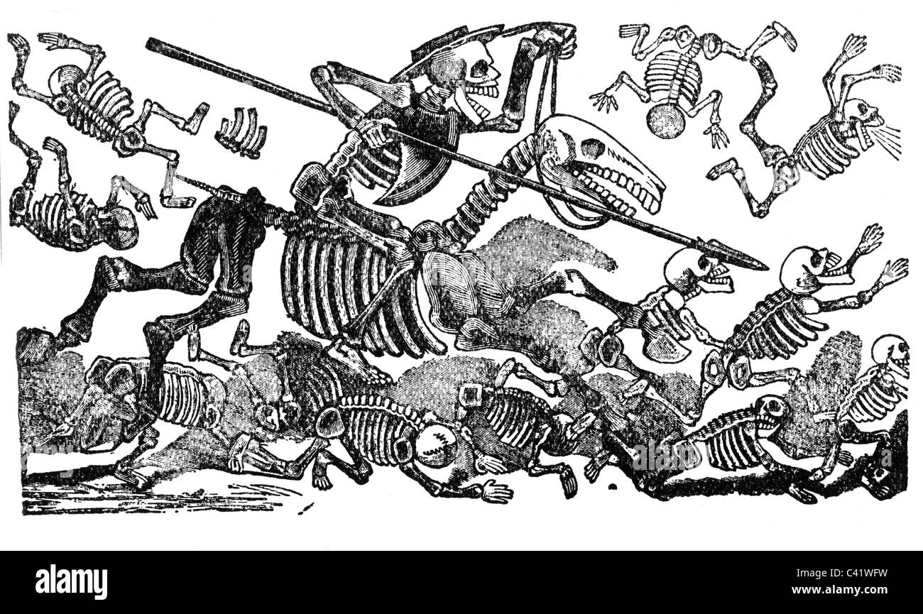 allegories, death, "Don Quixote", copper engraving by Jose Guadalupe