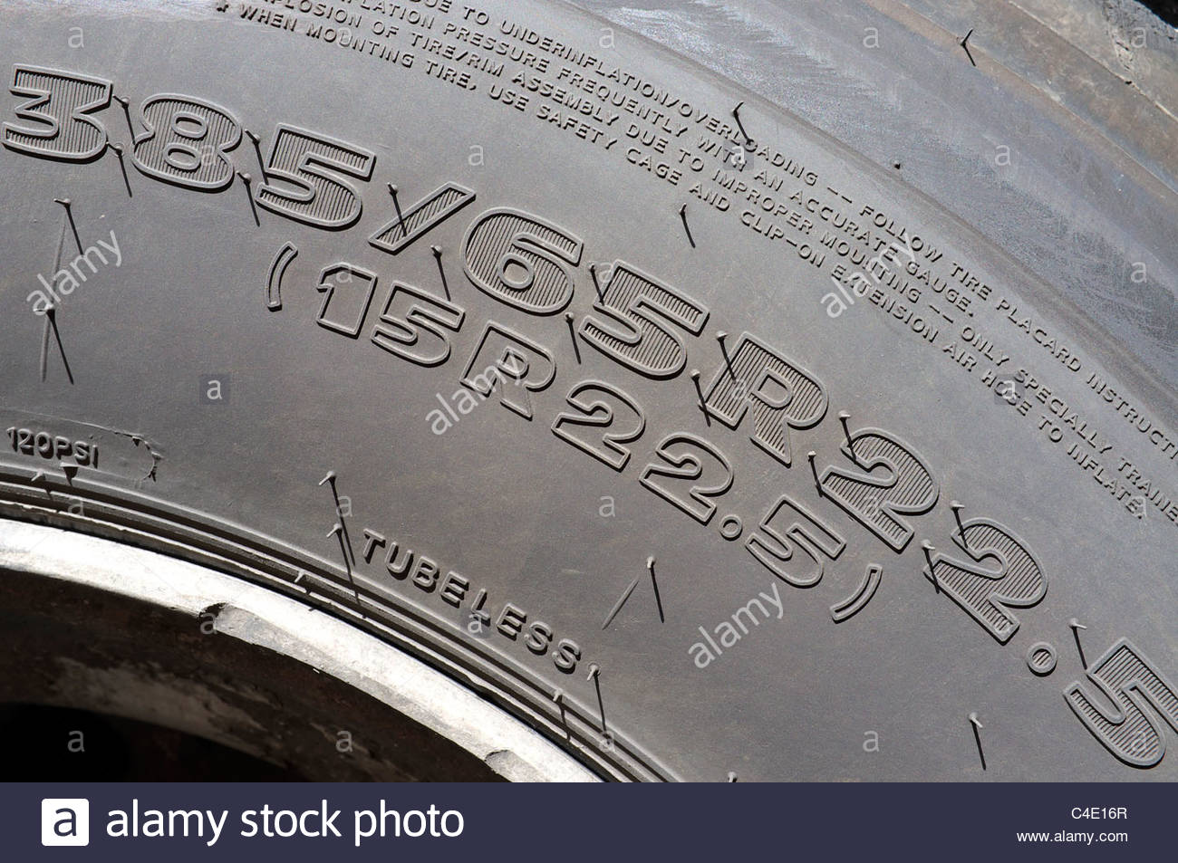 Tyre size information on a lorry trailer wheel. UK Stock Photo, Royalty